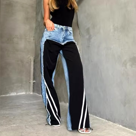 NEW WOMEN’S PATCHWORK STRIPED DENIM JEANS - Picture 1 of 3